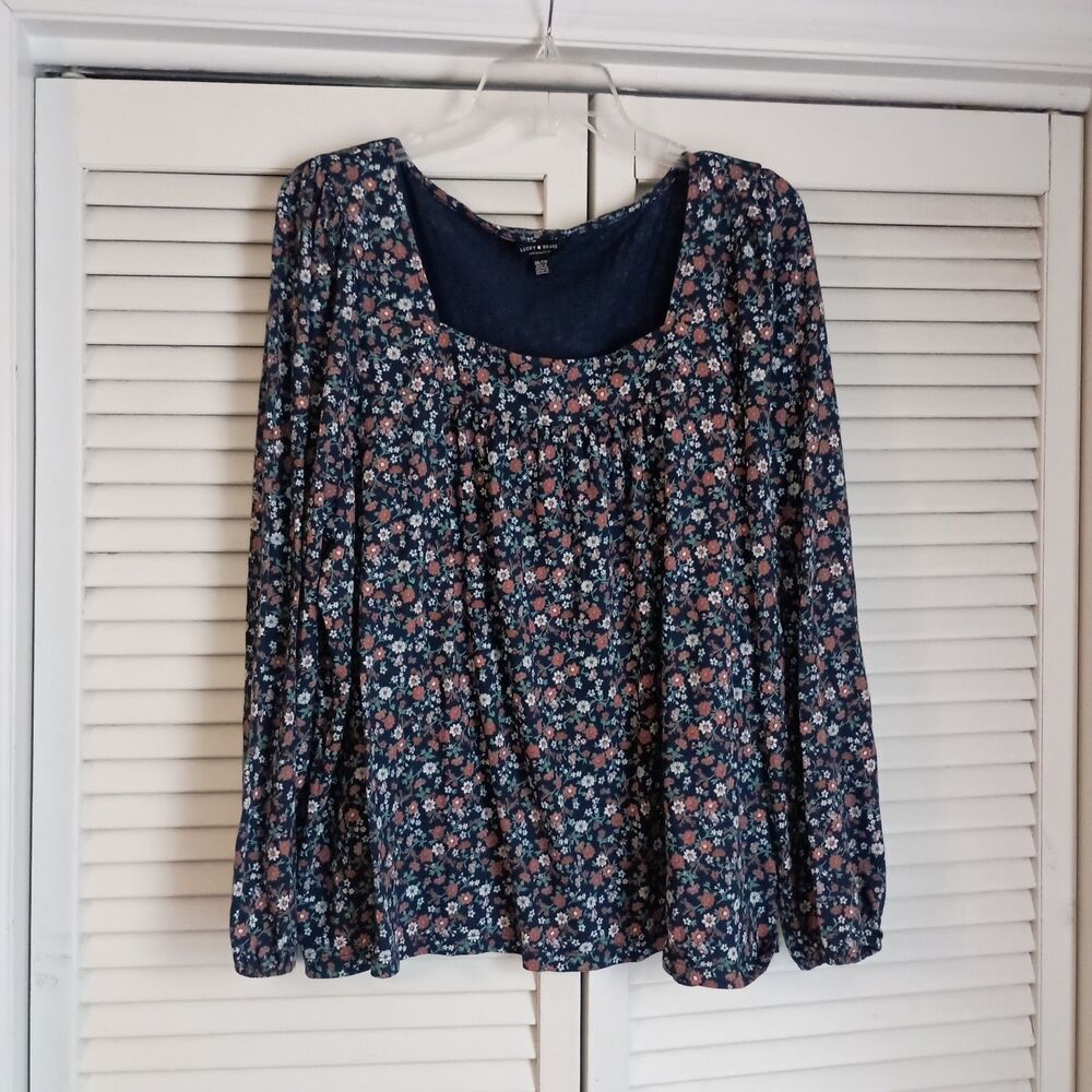 Lucky Brand Blouse Size XXL Blue Floral Square Neck Boho Flowy Long Sleeve